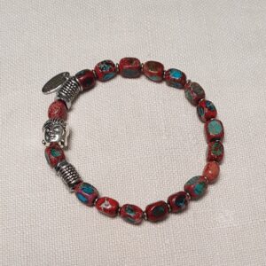 Boeddha armband zilverkleur rode natuursteen